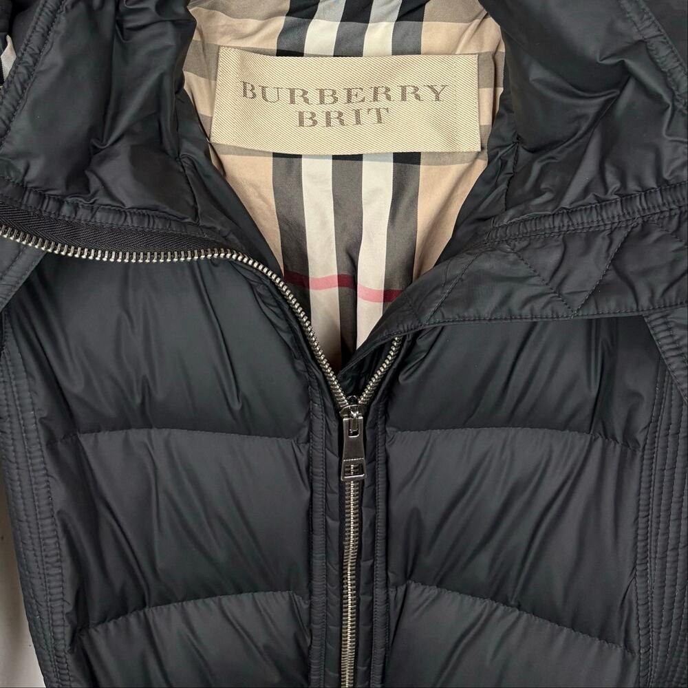 Burberry Brit Down Puffer Coat Removable Hood Adjustable Belt Black Size Medium - Picture 4 of 16